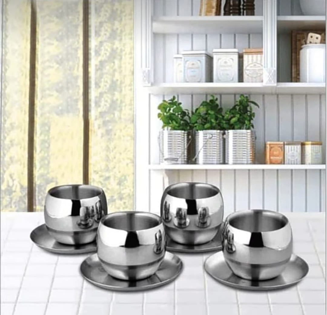 Stainless Steel Double Wall Cup and Sarcer 4 PCS set